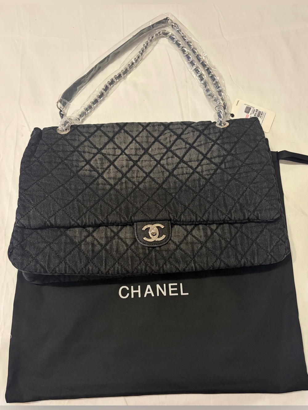 Fashion 19 Black Quilted Denim Leather Chain-Handle Shoulder Bag